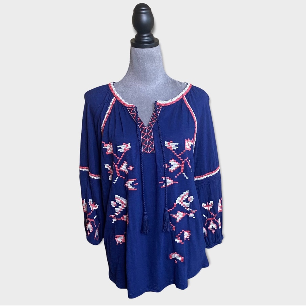 Boho Navy Coral Tassel Flowy Top Sz S